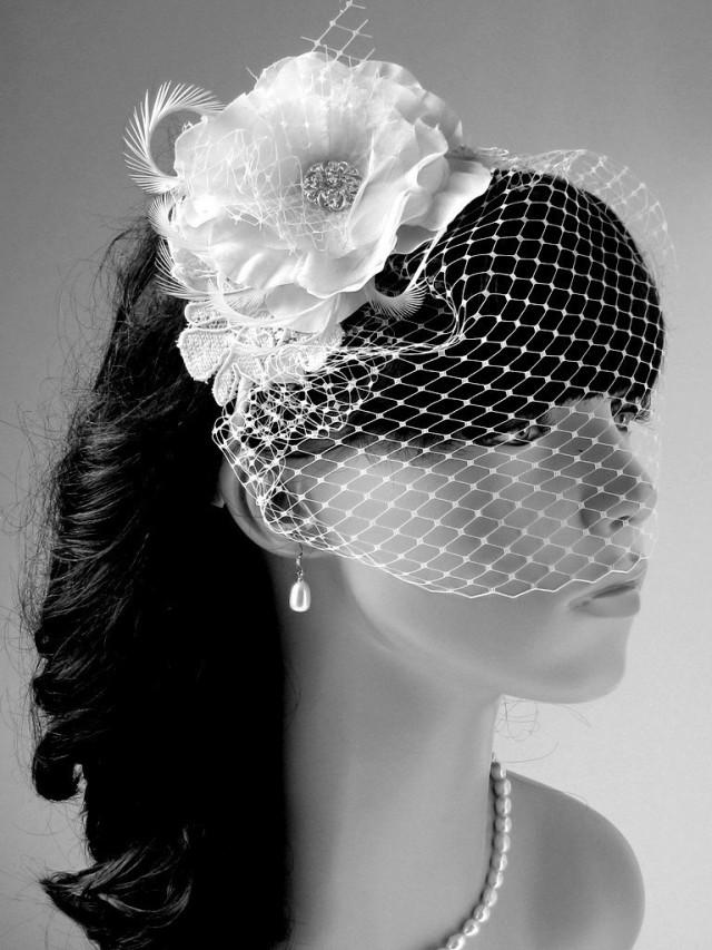 wedding photo - Bridal birdcage veil, wedding hair accessories Bridal birdcage veil, Wedding Fascinator, wedding head piece, Ivory Bridal headpiece