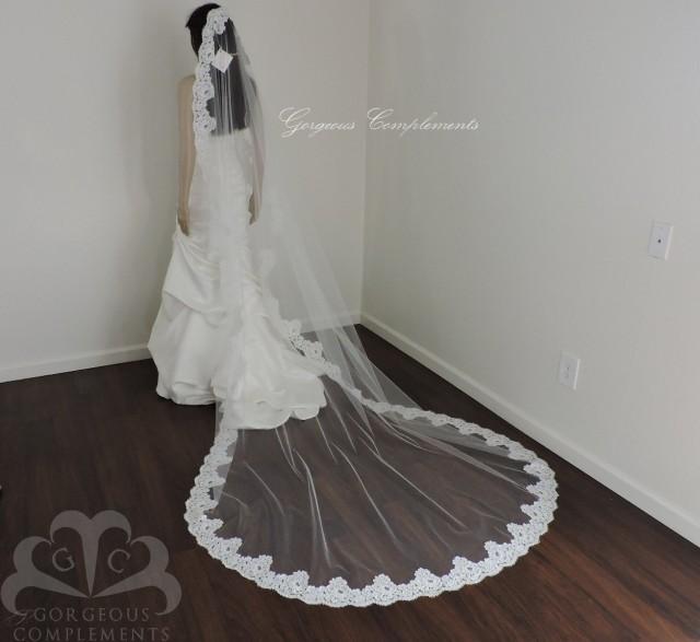 wedding photo - SALE! Ready to Ship White Cathedral Bridal Veil with French Alencon Lace