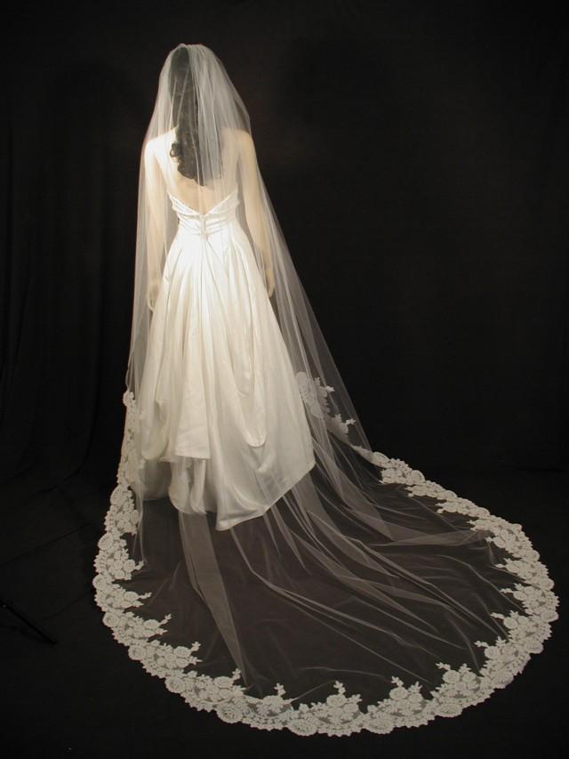 wedding photo - Mantilla veil Cathedral length 108" long - trailing manitlla veil with Alencon lace.