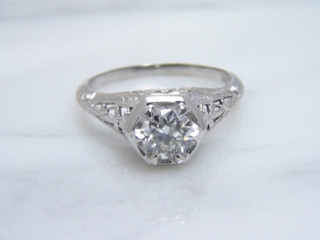 Antique Edwardian European Cut Diamond Engagement Ring 18k White Gold/ Signed Snowdrop/ Vintage 0.60ct VS/H-I
