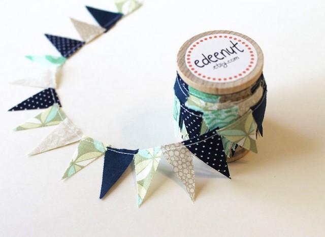 Beachy bunting in Navy, Tan, and Sea glass Mix. fabric Cake Mini Bunting. Wooden Spool of Ribbon for gift wrapping.