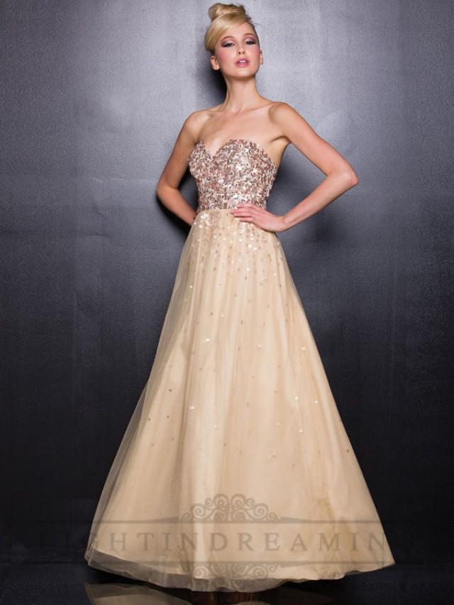 wedding photo - Gold Sweetheart Sequin Prom Dresses with A-line Tulle Skirt - LightIndreaming.com
