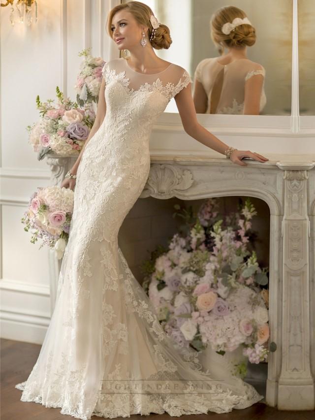 wedding photo - Lace Over Sheer Short Sleeves Illusion Keyhole Back Wedding Dresses - LightIndreaming.com