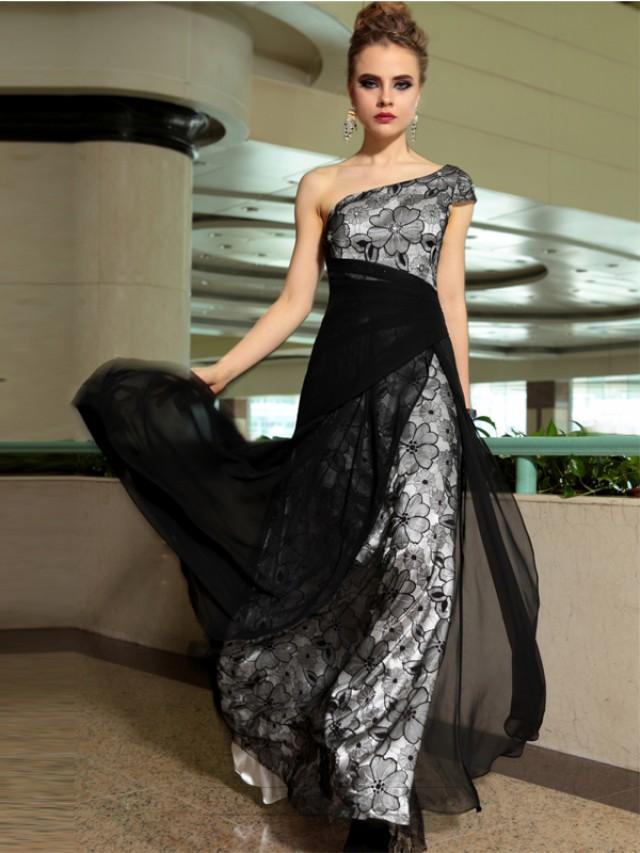 wedding photo - One Shoulder Black Sheer Floral Overlay A-line Long Formal Dresses - LightIndreaming.com