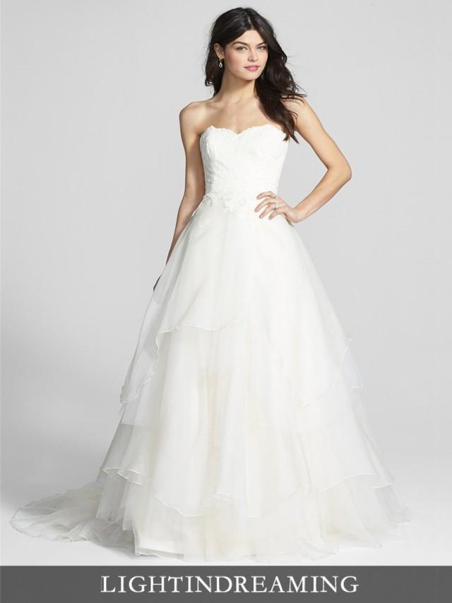 wedding photo - Strapless Sweetheart Lace Bodice Wedding Dresses with Tiered Ball Gown - LightIndreaming.com