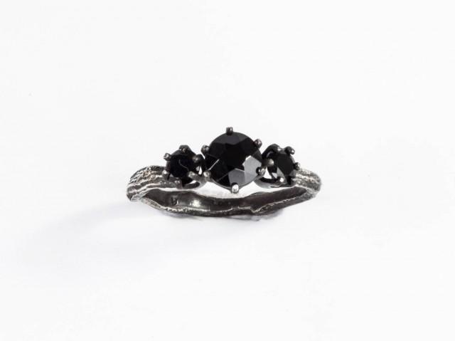 wedding photo - Black spinel three stone twig ring, twig engagement ring, gothic engagement ring