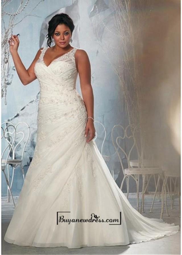 wedding photo - Alluring Organza Satin & Satin V-neck Natural Waistline A-line Plus Size Wedding Dress