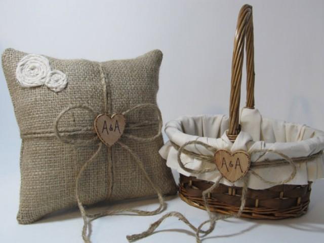 wedding photo - Personalized Rustic Flower Girl Basket and Ring Bearer Pillow