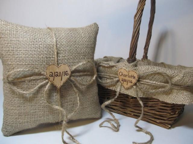 wedding photo - Rustic Burlap Flower Girl Basket and Ring Bearer Pillow - Personalized For Your Country Woodland Wedding Day