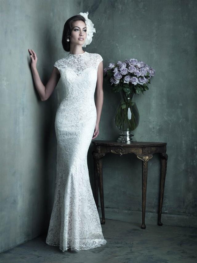 wedding photo - Elegant High Neckline Cap Sleeves Sheath Lace Wedding Dresses - LightIndreaming.com