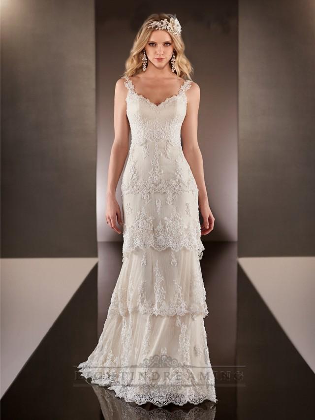 wedding photo - Straps Dramatic V-neck Lace Over Wedding Dresses with Layered Scalloped Skirt - LightIndreaming.com