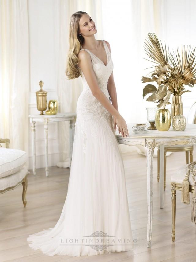 wedding photo - Elegant Semi-sheer Draped V-neck Lace Applique A-line Wedding Dresses - LightIndreaming.com