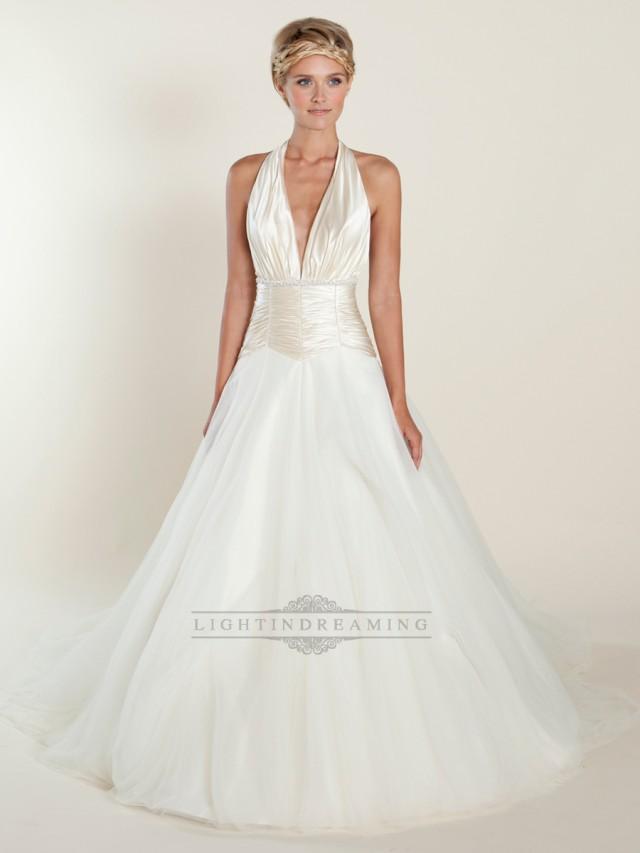 wedding photo - A-line Plunging Halter Ball Gown Wedding Dresses with Ruched Bodice - LightIndreaming.com