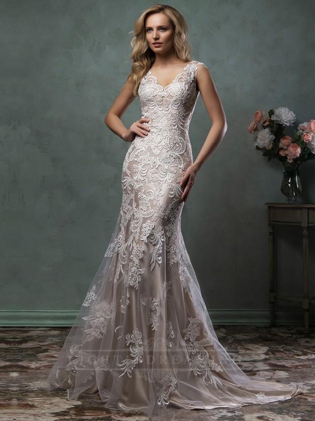 wedding photo - Luxury Mermaid V-neck Lace Wedding Dress with Illusion Back - LightIndreaming.com