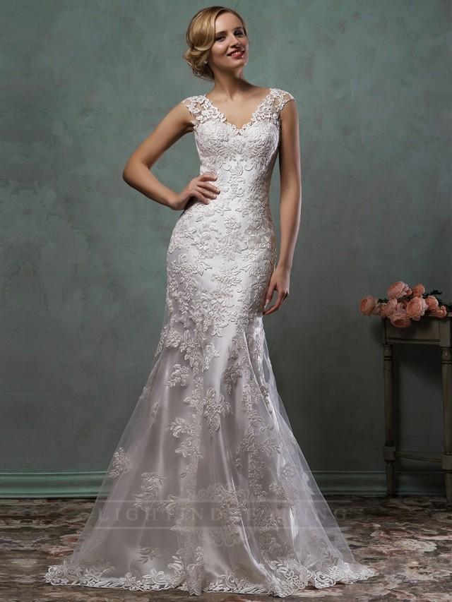 wedding photo - Cap Sleeves V Neck Lace Embroidery Fit Flare Trumpet Mermaid Wedding Dress - LightIndreaming.com
