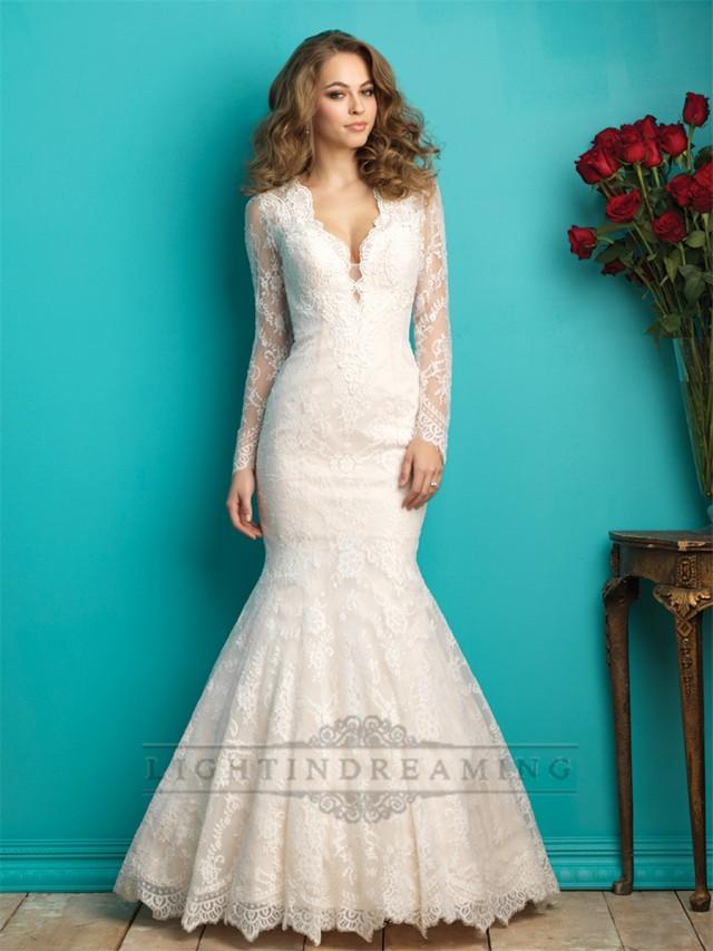 wedding photo - Long Sleeves Plunging V-neck Lace Wedding Dress with Sheer Illusion Back - LightIndreaming.com