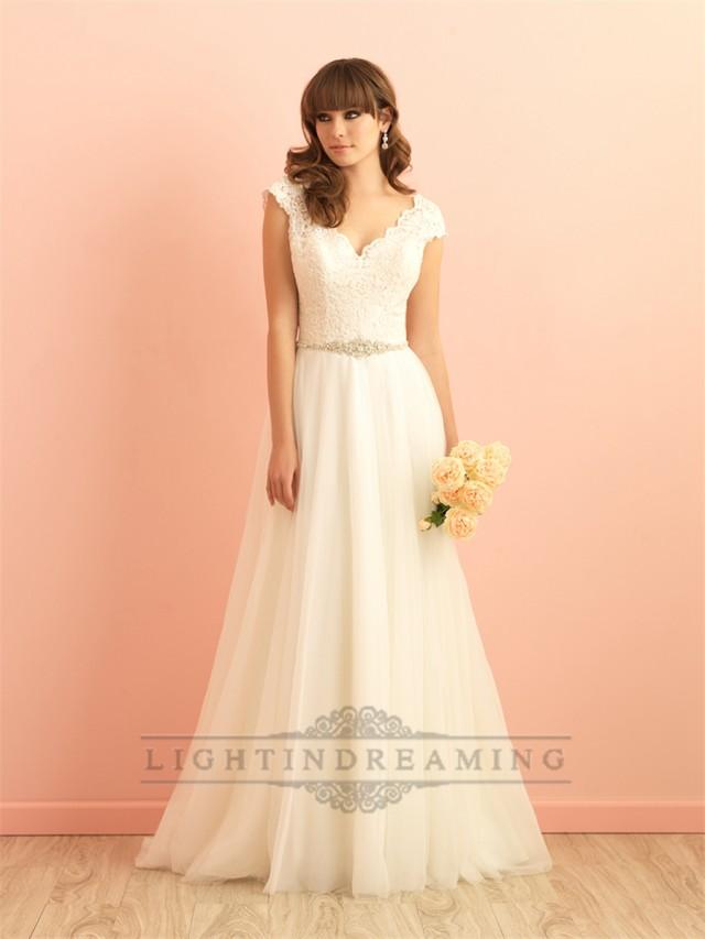 wedding photo - Cap Sleeves V neckline A-line Lace Wedding Dress with Deep V-back - LightIndreaming.com
