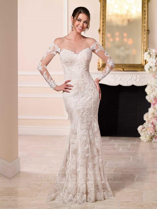 wedding photo - Off the Shoulder Lace Over Wedding Dress Featured Illusion Lace Sleeves - LightIndreaming.com