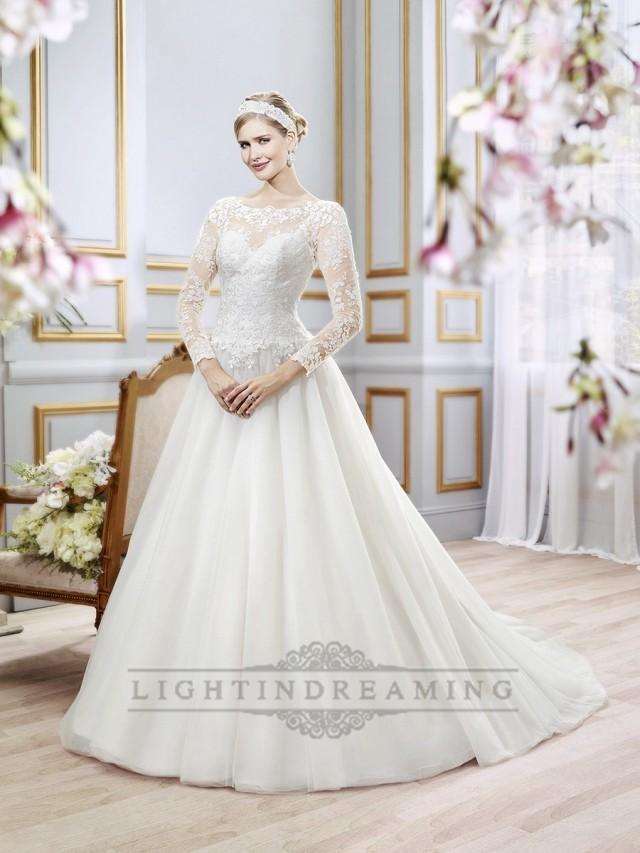 wedding photo - Illusion Lace Long Sleeves Bateau Neckline Ball Gown Wedding Dress with Deep V-back - LightIndreaming.com