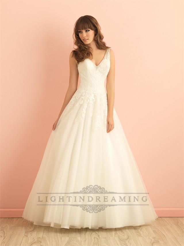 wedding photo - V-neck A-line Lace Wedding Dress with Deep V-back - LightIndreaming.com
