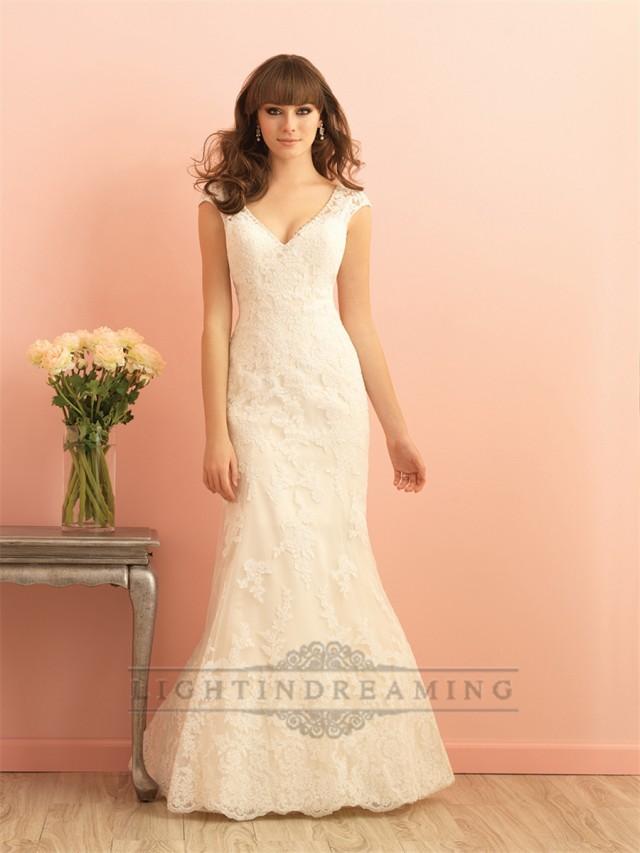 wedding photo - Cap Sleeves V-neckline Mermaid Lace Wedding Dress with Scoop Back - LightIndreaming.com