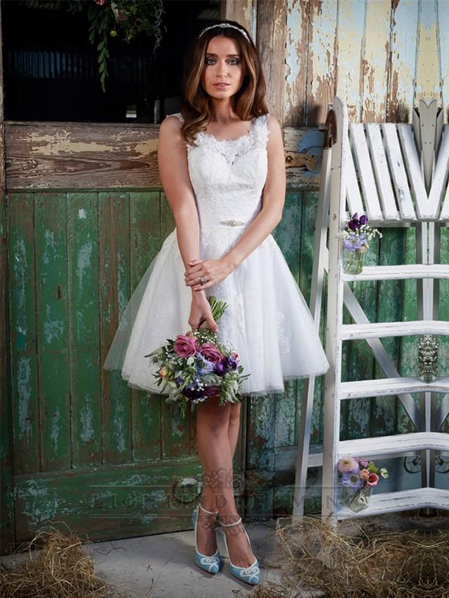wedding photo - Straps Bateau Neckline Knee Length Lace Wedding Dresses - LightIndreaming.com