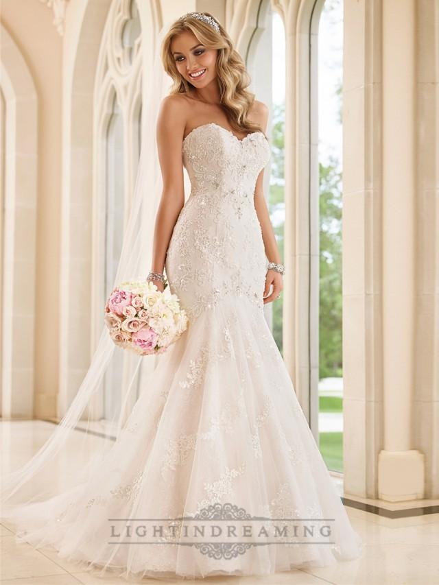 wedding photo - Strapless Sweetheart Fit and Flare Crystals Beading Lace Wedding Dresses - LightIndreaming.com