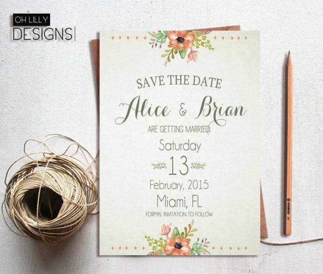 wedding photo - Rustic Save The Date Printable, Save the Date Floral, Save the Date invitation, Wedding Cards, Digital File, Download