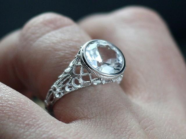White Sapphire Engagement Ring Aegle Antique Style Bezel Filigree Diamond cut 5ct 10mm Custom White-Yellow-Rose Gold-10k-14k-18k-Platinum