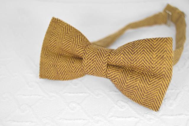 wedding photo - Mustard brown bow tie, herringbone bow tie, mens bow tie linen, brown bow tie, wedding bow tie, bow tie for men, brown yellow bow tie