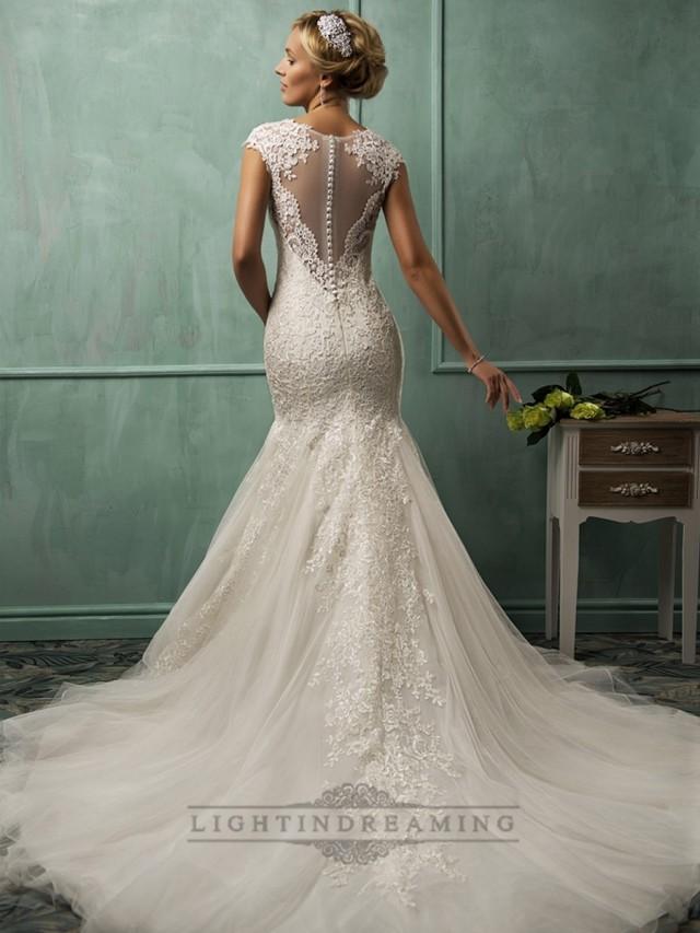 wedding photo - Fit and Flare Cap Sleeves V-neck Lace Wedding Dresses with Illusion Back