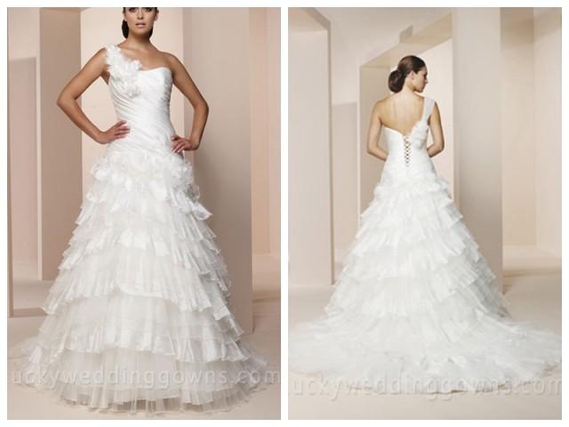 wedding photo - One-shoulder Organza Wedding Dress with Lace-up Back