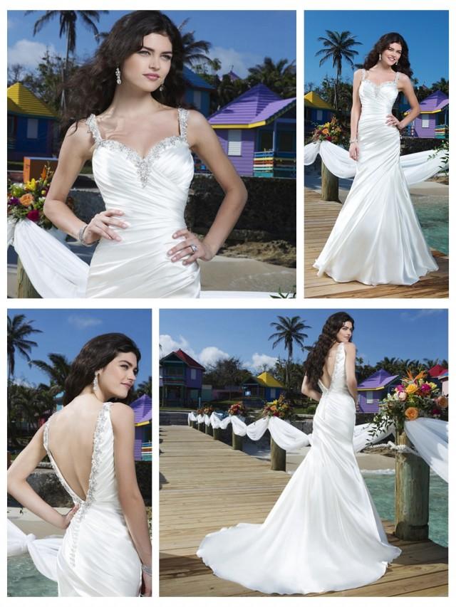 wedding photo - Beaded Straps Charmeuse Asymmetric Pleated Mermaid Wedding Gown with Deep V-back