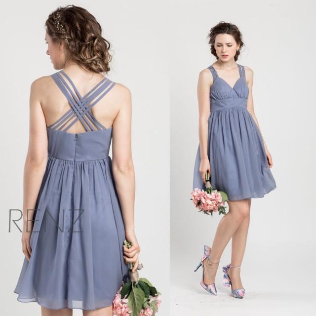 wedding photo - 2015 Slate Blue Bridesmaid dress, Blue Grey Wedding dress, Criss Cross Spaghetti Straps Chiffon A line Formal dress knee length (F016C)