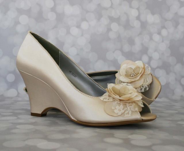 Champagne Wedding Shoes, Romantic Wedding, Wedge Wedding Shoes, Wedge Heel, Lace Wedding Shoes, Champangne Wedding Accessories, Wedges