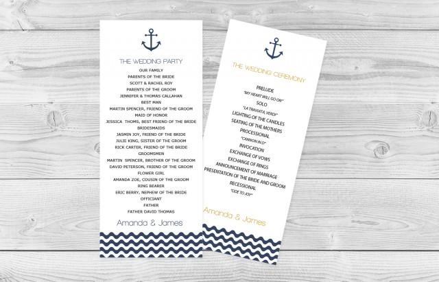 wedding photo - Nautical Navy Anchor Wave Chevron Tea Length Printable Wedding Editable PDF Program Template