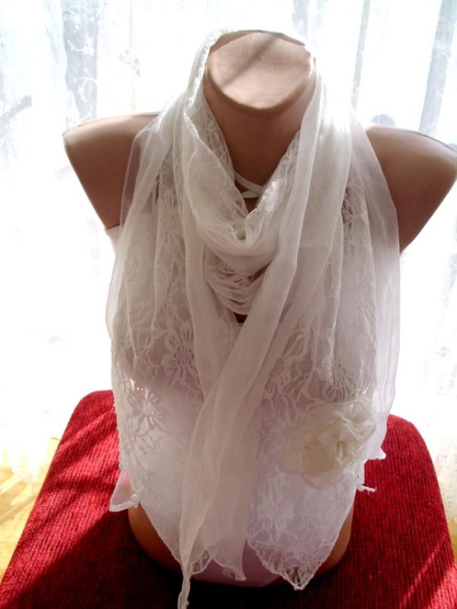 wedding photo - White Lace Scarf Shawl Cowl Scarf Wedding Scarf Bridesmaids Gifts Women Fashion Accessories Bridal Accessories Christmas Gifts For Her