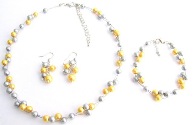 wedding photo - Wedding Cluster Necklace, Yellow Gray Pearls Necklace, Graduation Jewelry , Wedding Party, Bridal and Bridesmaid, Free Shipping In USA