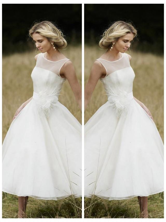 wedding photo - Straps Scoop Neckline Princess A-line Tea Length Wedding Dress