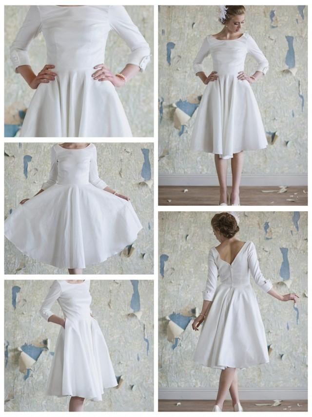 wedding photo - Elegant A-Line Jewel Long Sleeves Tea Length Wedding Dress