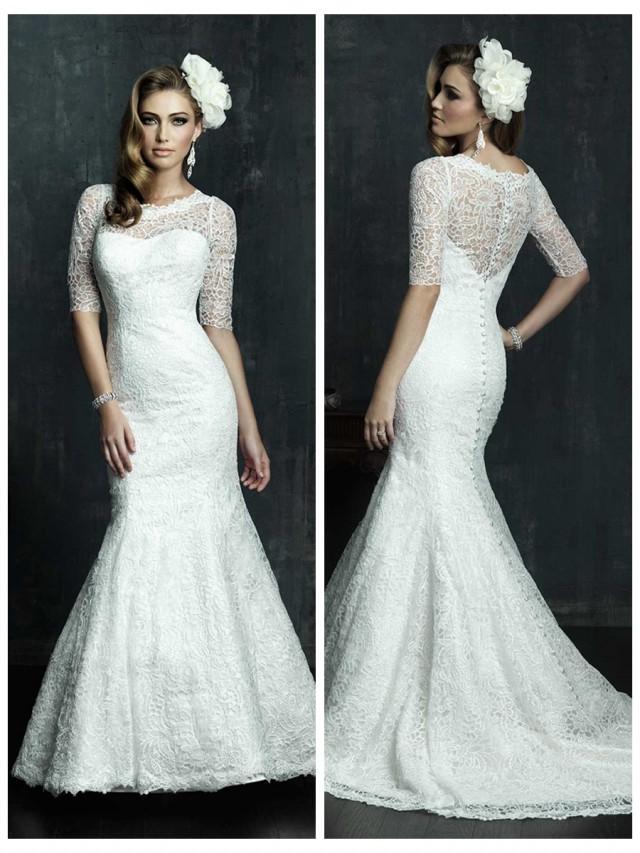 wedding photo - Half Sleeves Scooped Neckline Wedding Dress with Covered Sheer Lace Back