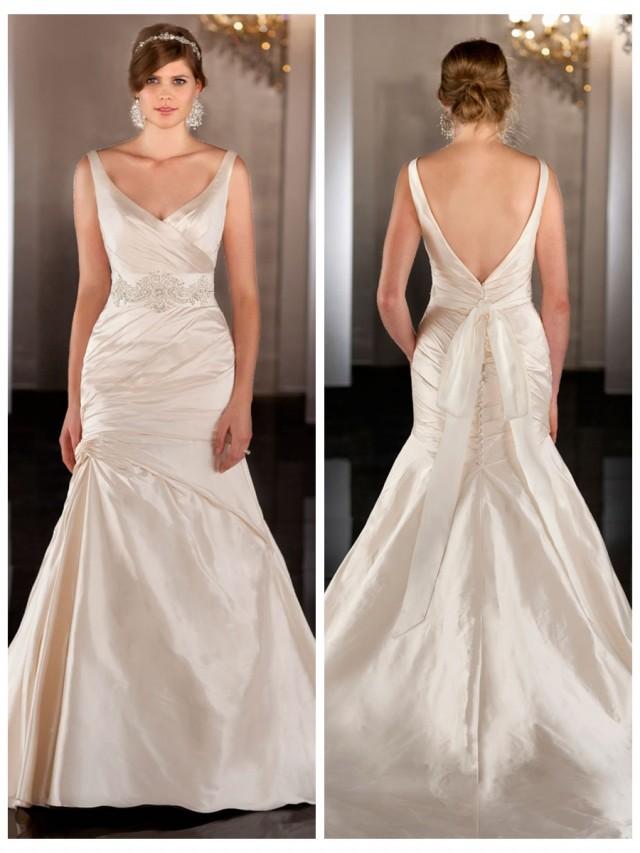 wedding photo - Straps V-neckline Ruched Wedding Dress with Dropped Waist and Plunging Backline