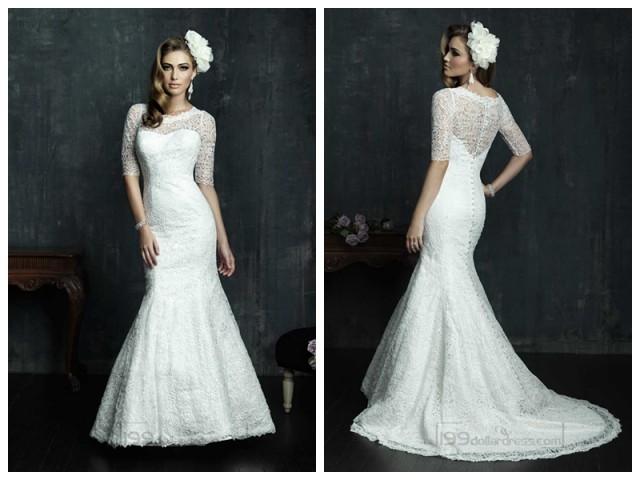 wedding photo - Half Sleeves Scooped Neckline Wedding Dresses with Covered Sheer Lace Back