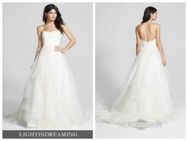 wedding photo - Strapless Sweetheart Lace Bodice Wedding Dresses with Tiered Ball Gown