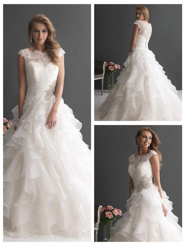 wedding photo - Cap Sleeves Ruffled Layered Ball Gown Wedding Dress with Ruched Band