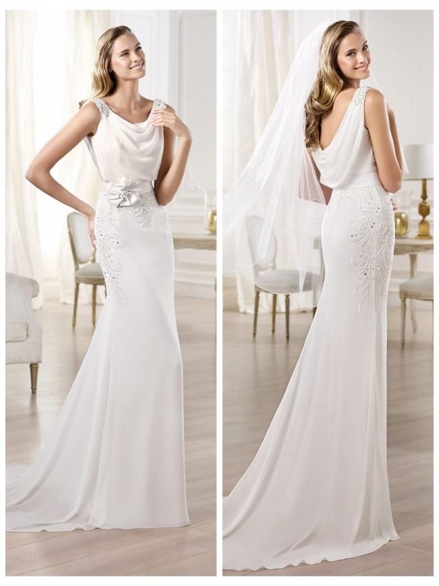 wedding photo - Beaded Straps Draped Boat Neck And Back Wedding Dress Featuring Applique