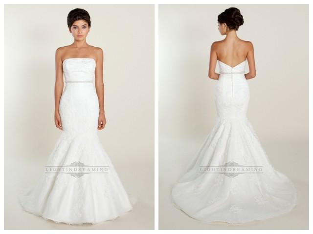 wedding photo - Fit and Flare Strapless Lace Wedding Dresses with Beaded Belt