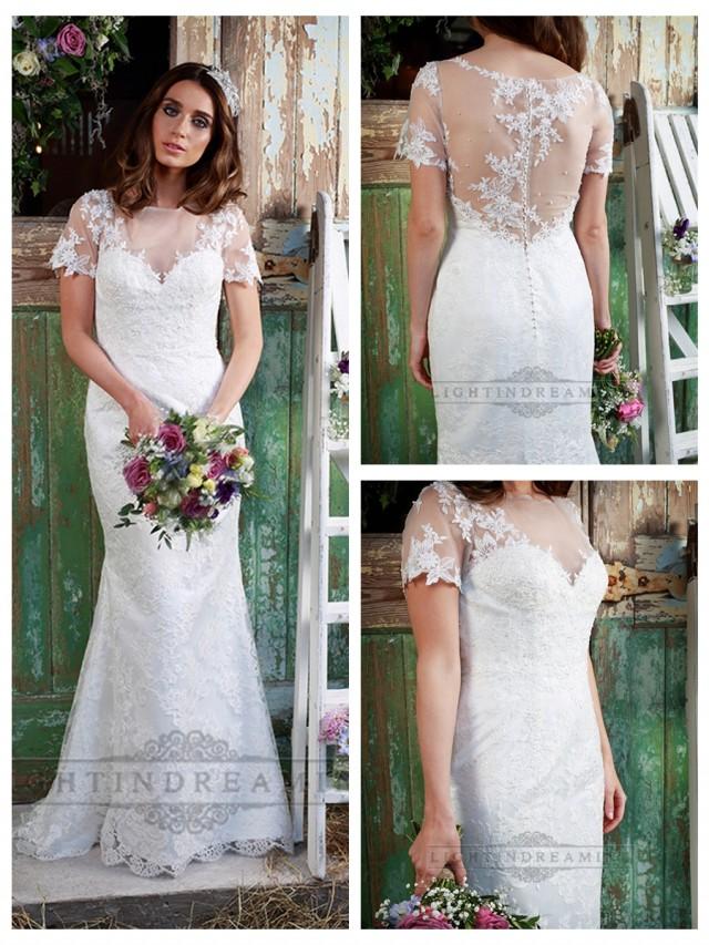 wedding photo - Illusion Neckline Short Sleeves Lace Mermaid Wedding Dress