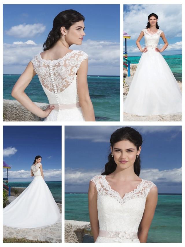 wedding photo - Beading And Flowers Corded Lace V-Neck And Cap Sleeves Ball Gown