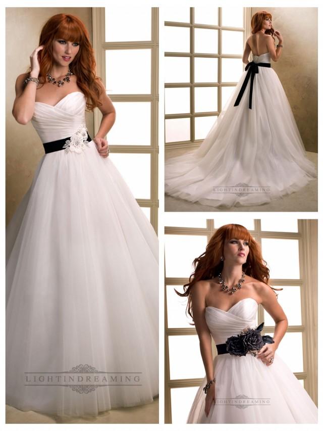 Asymmetrical Ruched Cross Sweetheart Ball Gown Wedding Dresses with Flower Belt